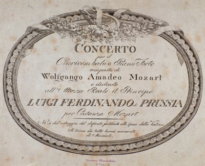 Frontespizio della partitura musicale del concerto per pianoforte e clavicembalo del compositore austriaco Wolfgang Amadeus Mozart (1756-1791) da Austrian School